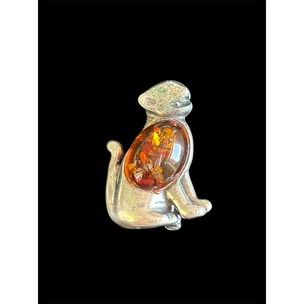 Vtg Sterling Silver Amber Jelly Belly Cat Feline Pin 925
